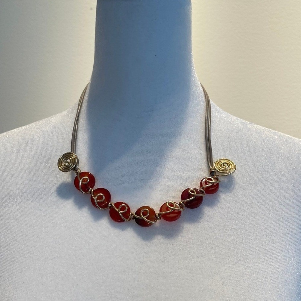 Artisan Wire Wrapped‎ Red Bead Statement Necklace Gold Tone Bib Boho Jewelry